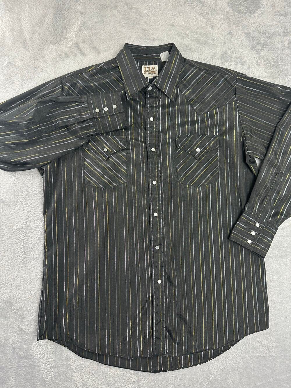 Vintage Ely Cattleman Black Metallic Pearl Snap Shirt Men's Large Western Rodeo